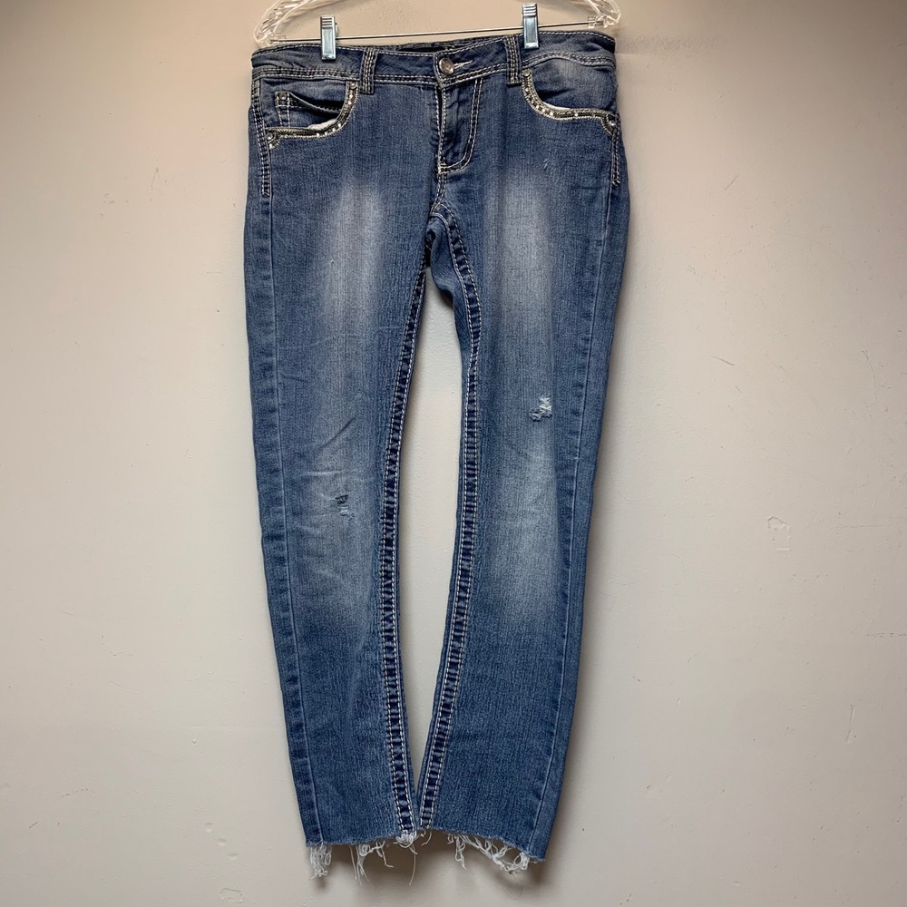 Angels‎ Jeans Skinny Women 11 Blue Excellent Rhinestone Embellished Frayed Hem